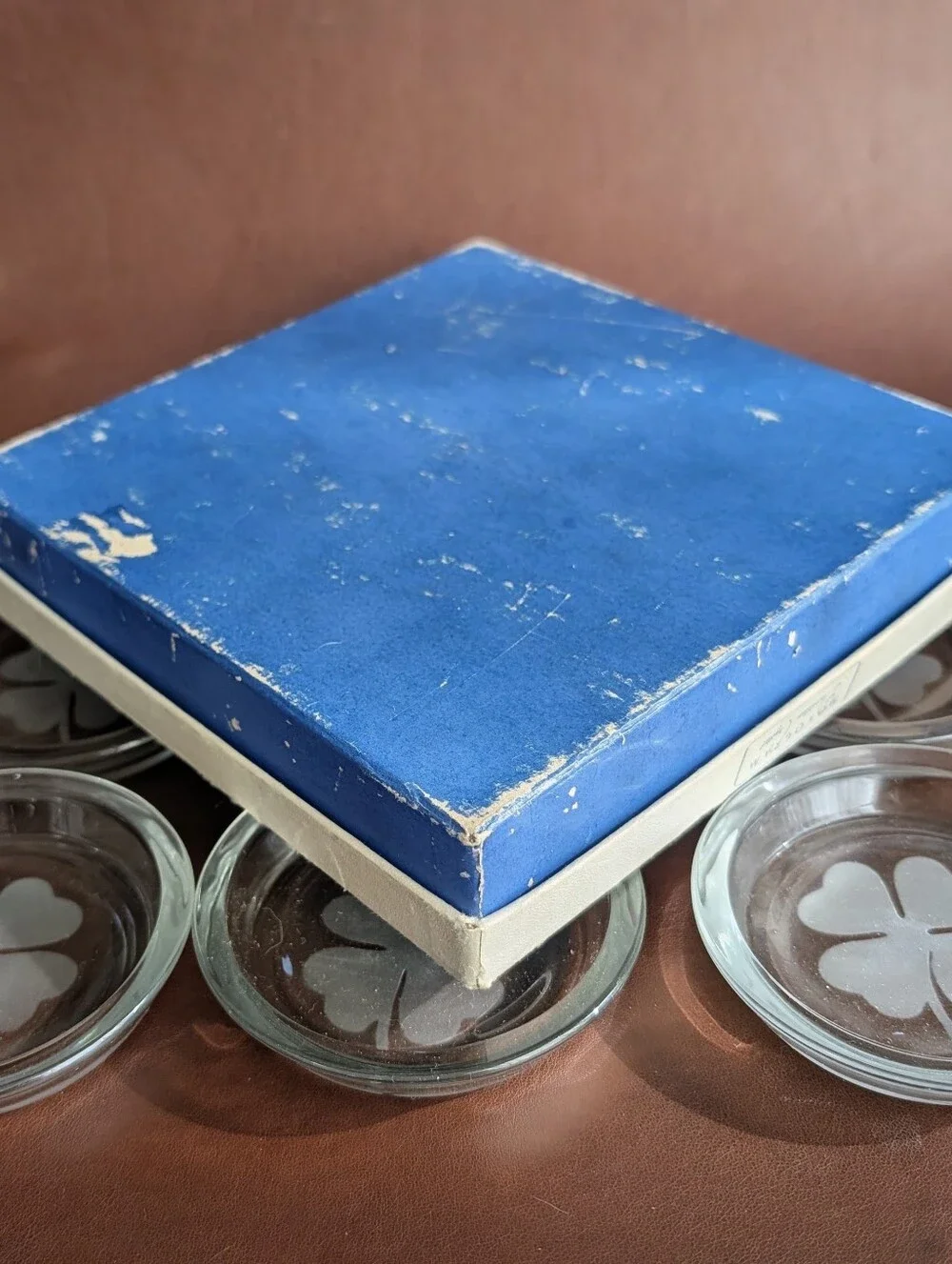 Clover Shamrock Glass Coaster Set 6-pc with Box by 'Monogram Decorative Crystal'
